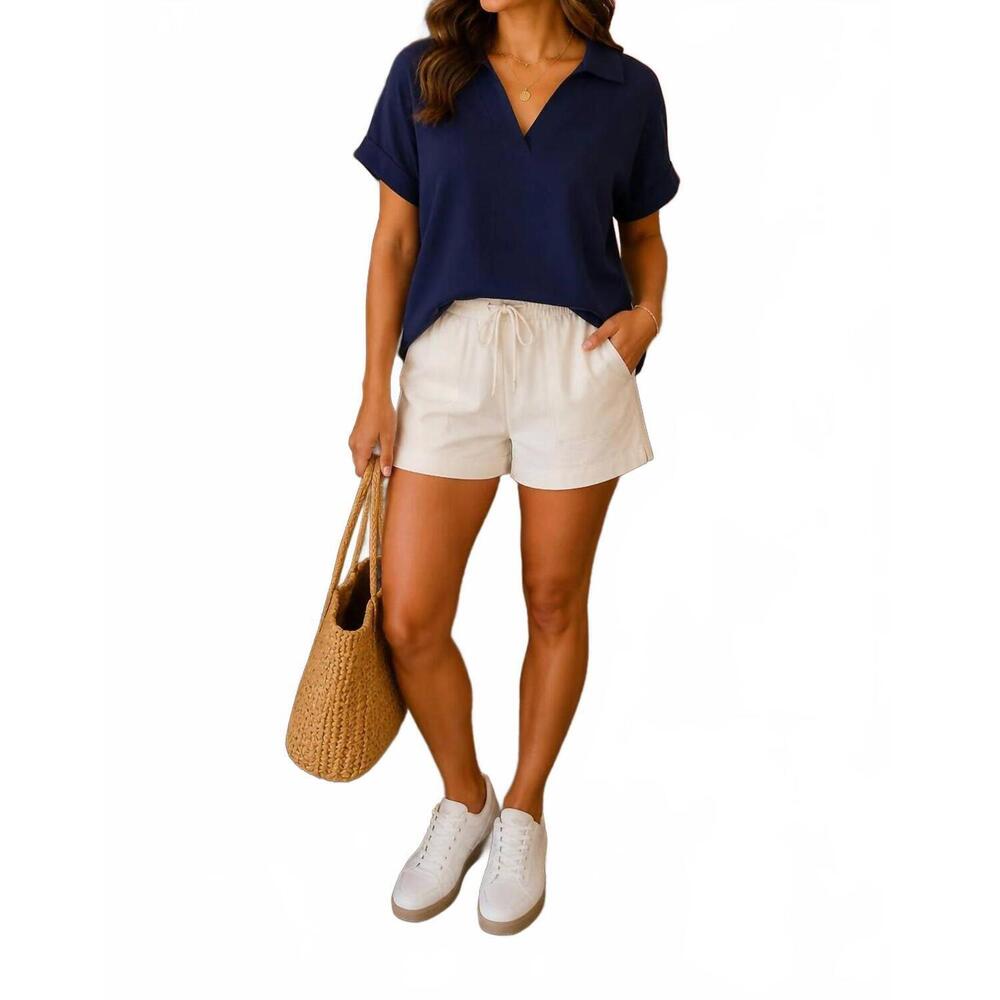 NEW YELETE relaxed collared v-neck top in navy